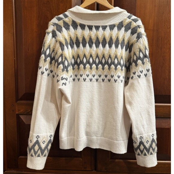 Loft Cream Nordic Fair Isle Collared Split Neck Soft & Cozy Sweater XL - Picture 4 of 16